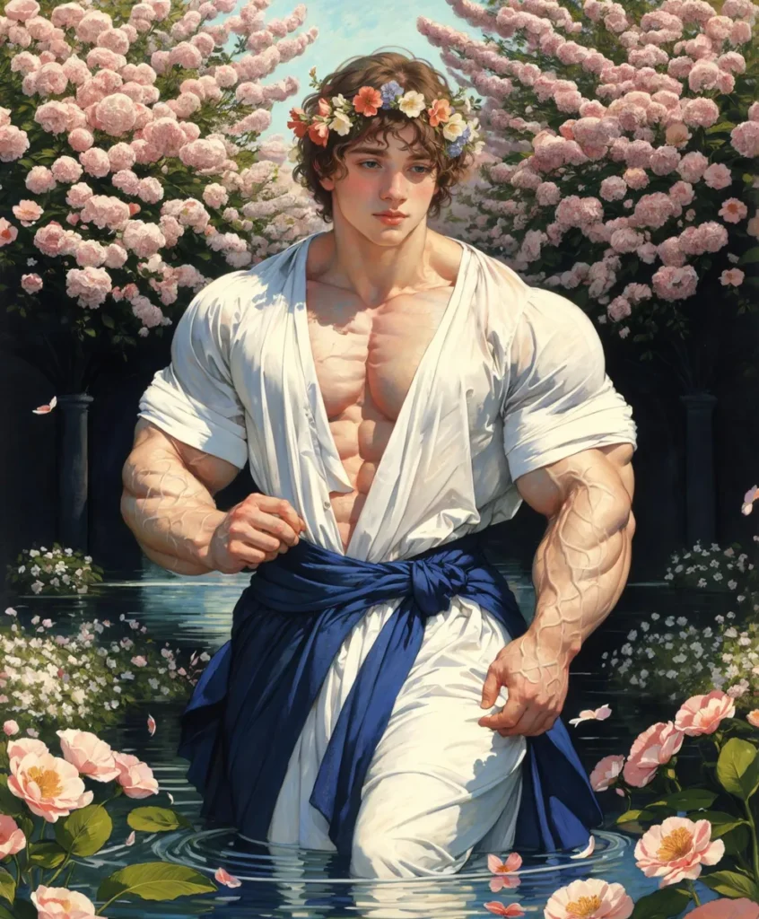 Muscular man wearing a flower crown, dressed in a white shirt and blue sash, standing in a serene garden surrounded by blooming pink flowers, created using Stable Diffusion AI.
