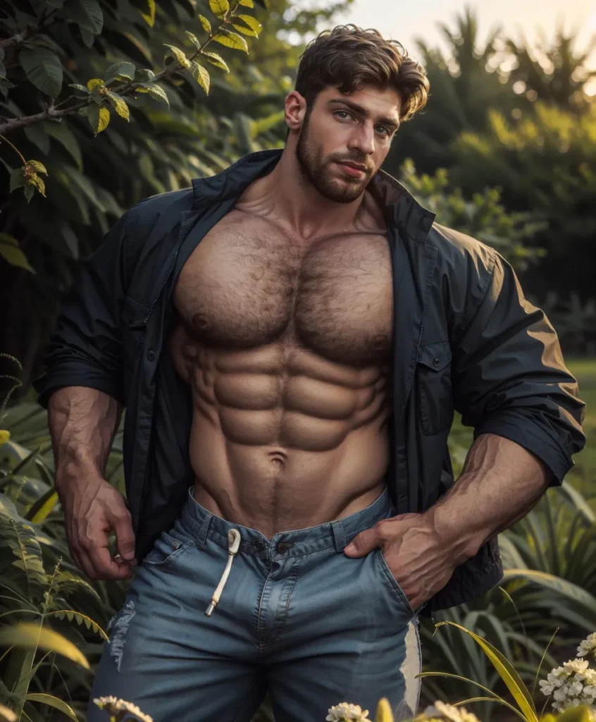 AI generated image using Stable Diffusion depicting a muscular man with a beard, wearing a black jacket and blue jeans, standing outdoors among lush greenery