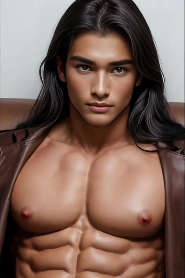 Muscular man with long dark hair and a chiseled physique, generated by AI using Stable Diffusion.