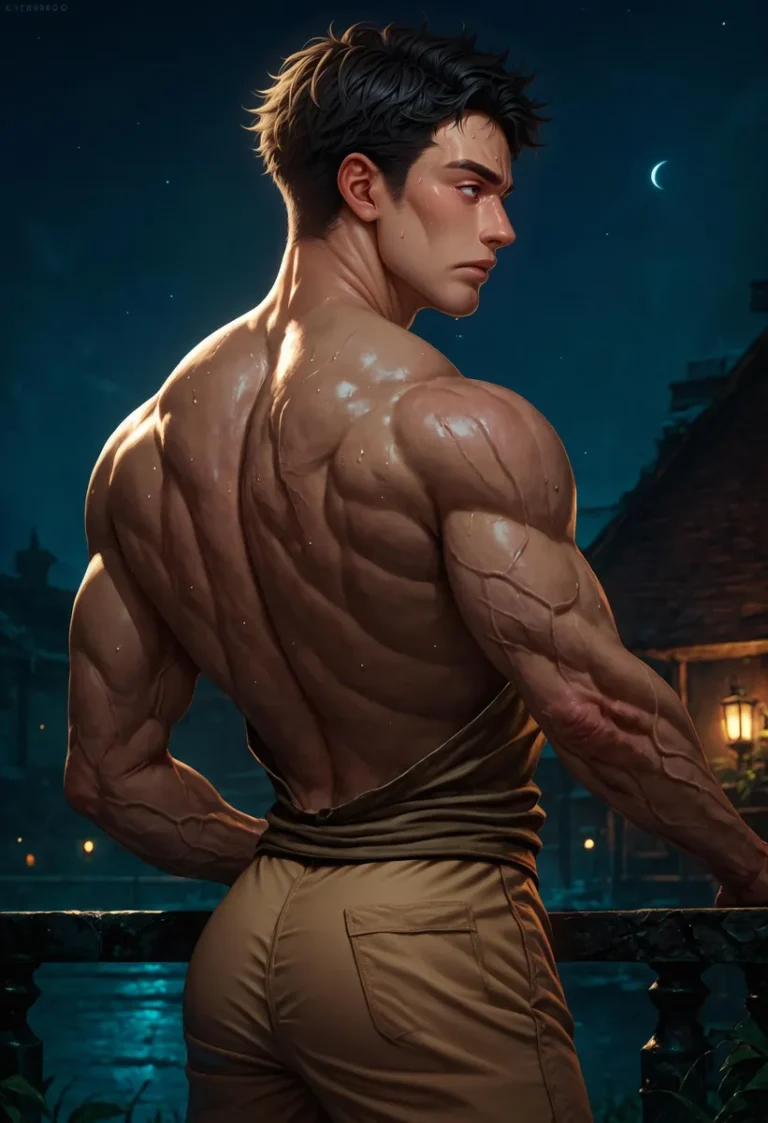 AI generated image using stable diffusion of a muscular man with a well-defined back, standing outside at night