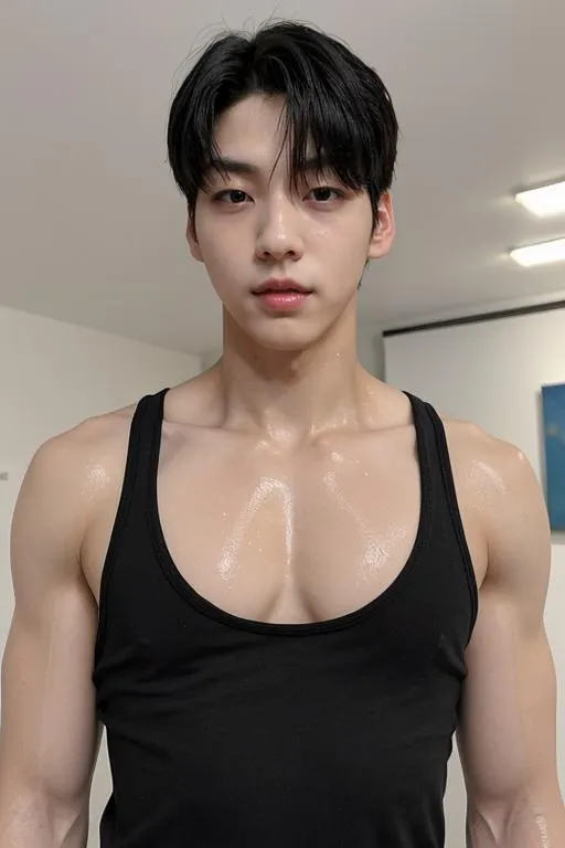 AI generated image of a muscular young man with fair skin, black hair, and a black tank top using stable diffusion.