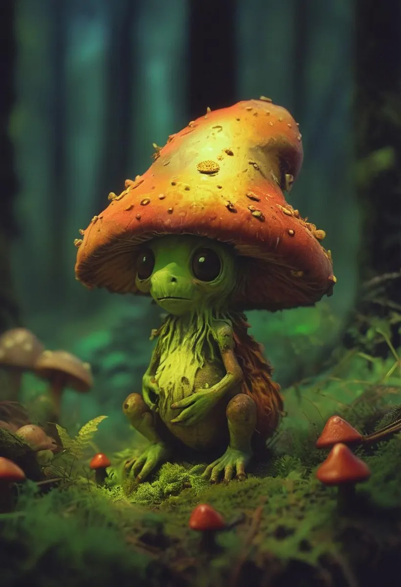 A whimsical, AI generated image using stable diffusion, depicting a green creature with a mushroom hat sitting in a dense, fantasy forest with other mushrooms around.