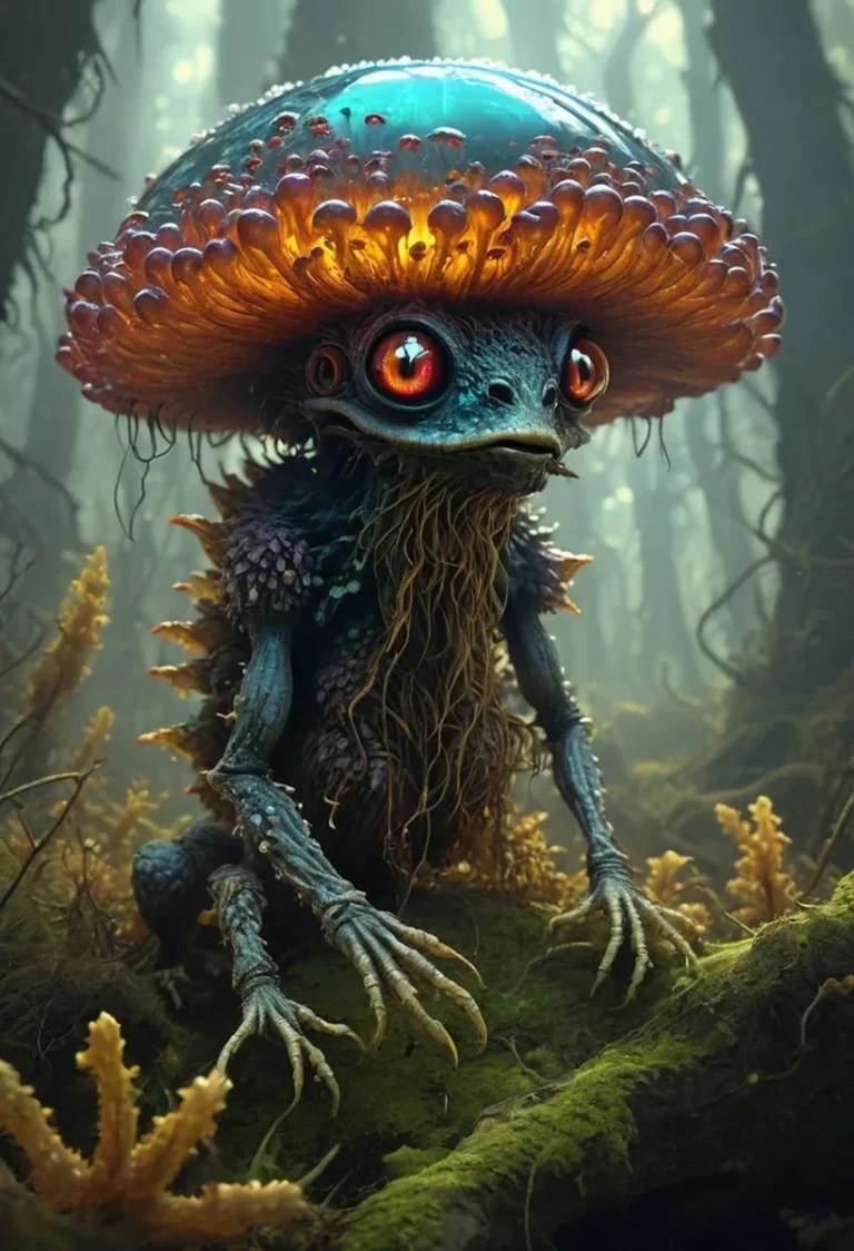 A fantastical mushroom creature with large eyes and a glowing mushroom cap in a mystical forest setting, AI generated image using Stable Diffusion.