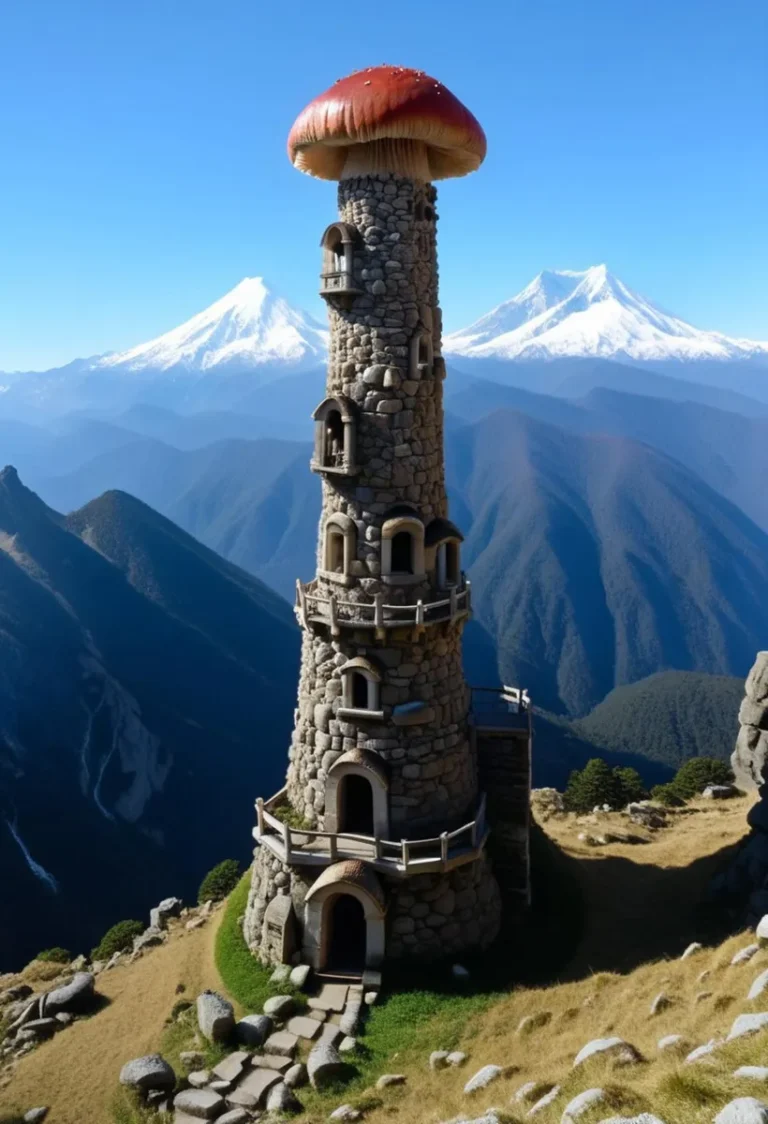 A stone tower with a red mushroom cap rooftop standing on a mountain landscape with snow-capped peaks in the background. AI generated image using stable diffusion.