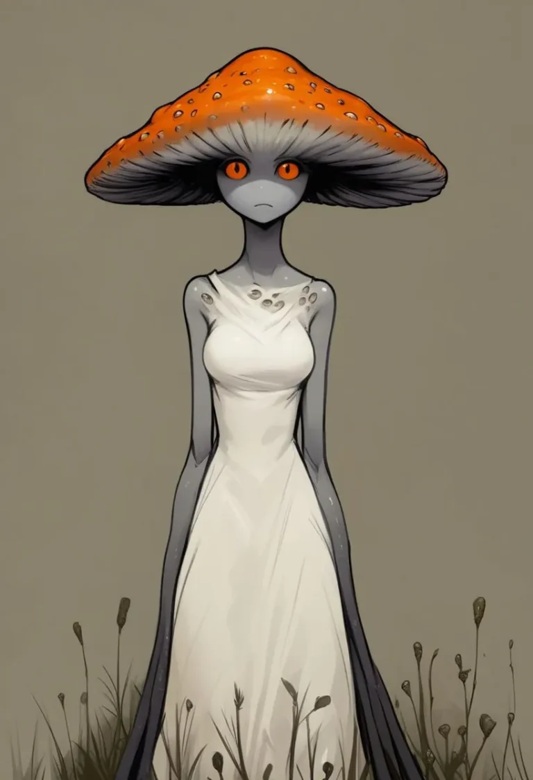 AI generated image using Stable Diffusion of a humanoid character with an orange mushroom cap head and glowing orange eyes, wearing an elegant white dress.