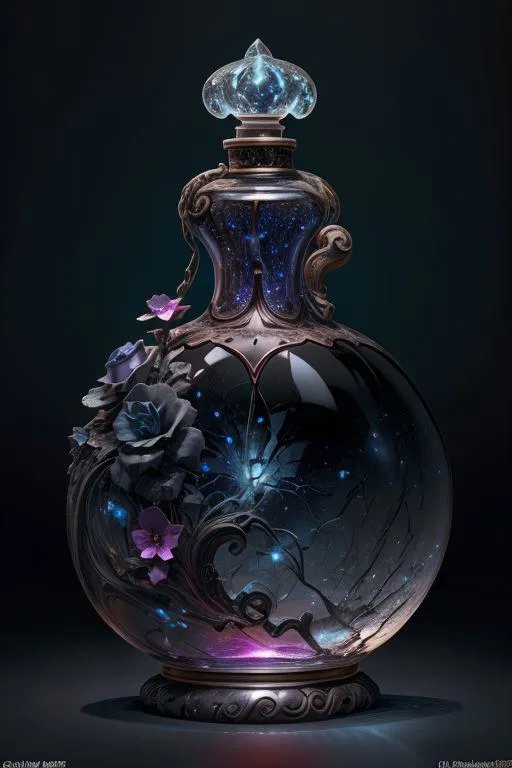 A mystical bottle decorated with dark roses and ethereal blue-purple glow, AI generated image using Stable Diffusion.