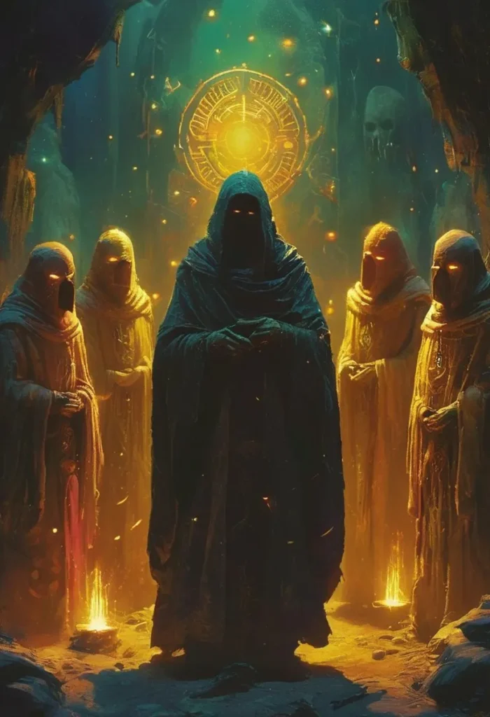 A group of cloaked figures with glowing eyes stands in a sacred ritual surrounded by mystical lights. This is an AI-generated image using Stable Diffusion.