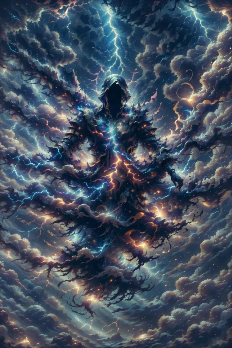A mystical hooded figure composed of dark, swirling clouds and electric tendrils, standing amidst a stormy sky with illuminated clouds and lightning bolts. AI generated image using Stable Diffusion.