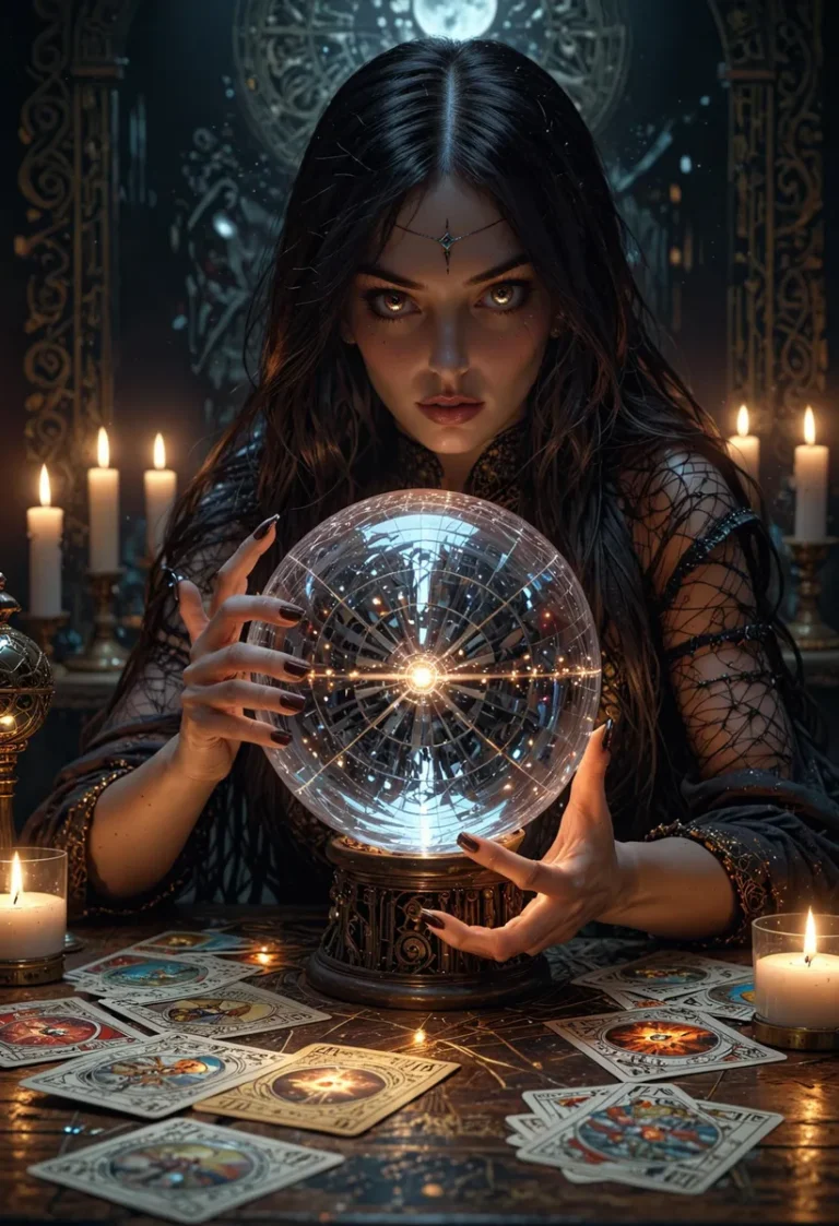 A dark-haired woman with a captivating gaze holds a glowing crystal ball, surrounded by burning candles and spread-out tarot cards. The setting suggests a mystical atmosphere with intricate patterns in the background. AI generated using Stable Diffusion.