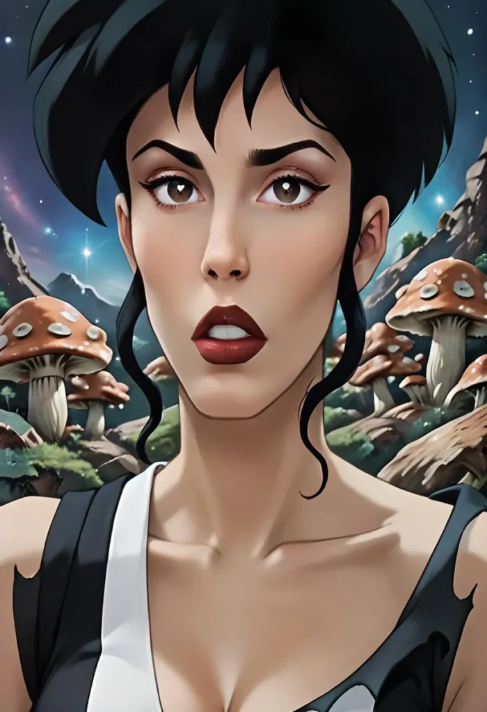 Stunning portrait of a mystical woman standing in a surreal mushroom forest generated by AI using Stable Diffusion.