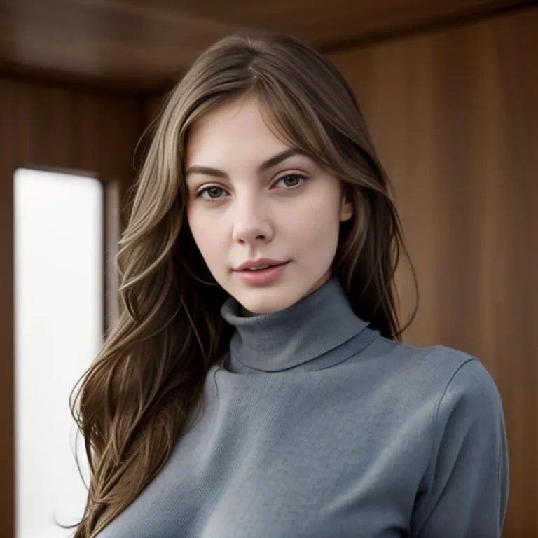 A young woman with long brown hair, wearing a casual gray turtleneck shirt. She stands against a backdrop with wooden textures, exuding natural beauty. AI-generated with Stable Diffusion.