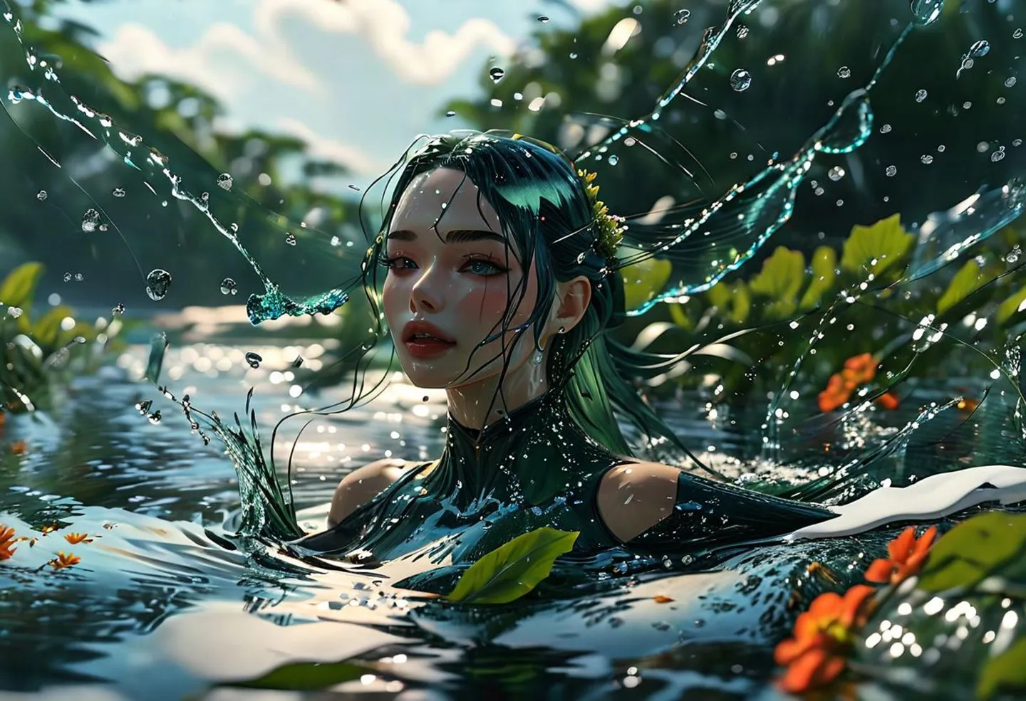Nature goddess with water flowing around her in vibrant fantasy art scene, AI generated using Stable Diffusion.