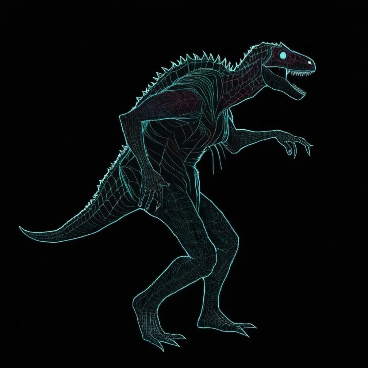 This AI generated image using stable diffusion depicts a neon outline of a dinosaur against a black background, showcasing digital art.