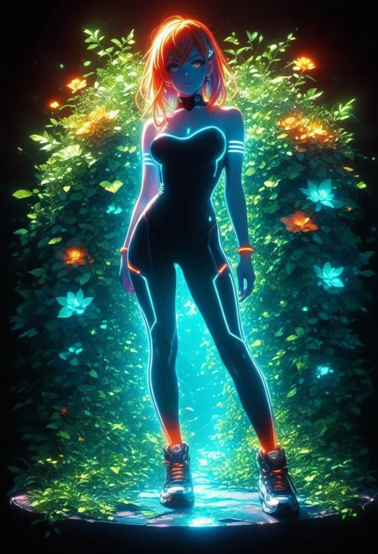 A vibrant neon girl with glowing outlines in a futuristic sci-fi forest setting, generated using Stable Diffusion AI.