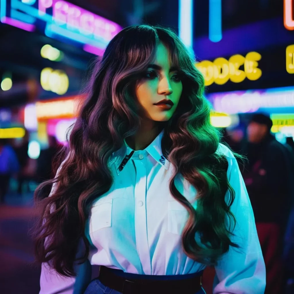 AI generated image using stable diffusion depicting a woman with long wavy hair in a city backdrop highlighted by vivid neon lights at night.