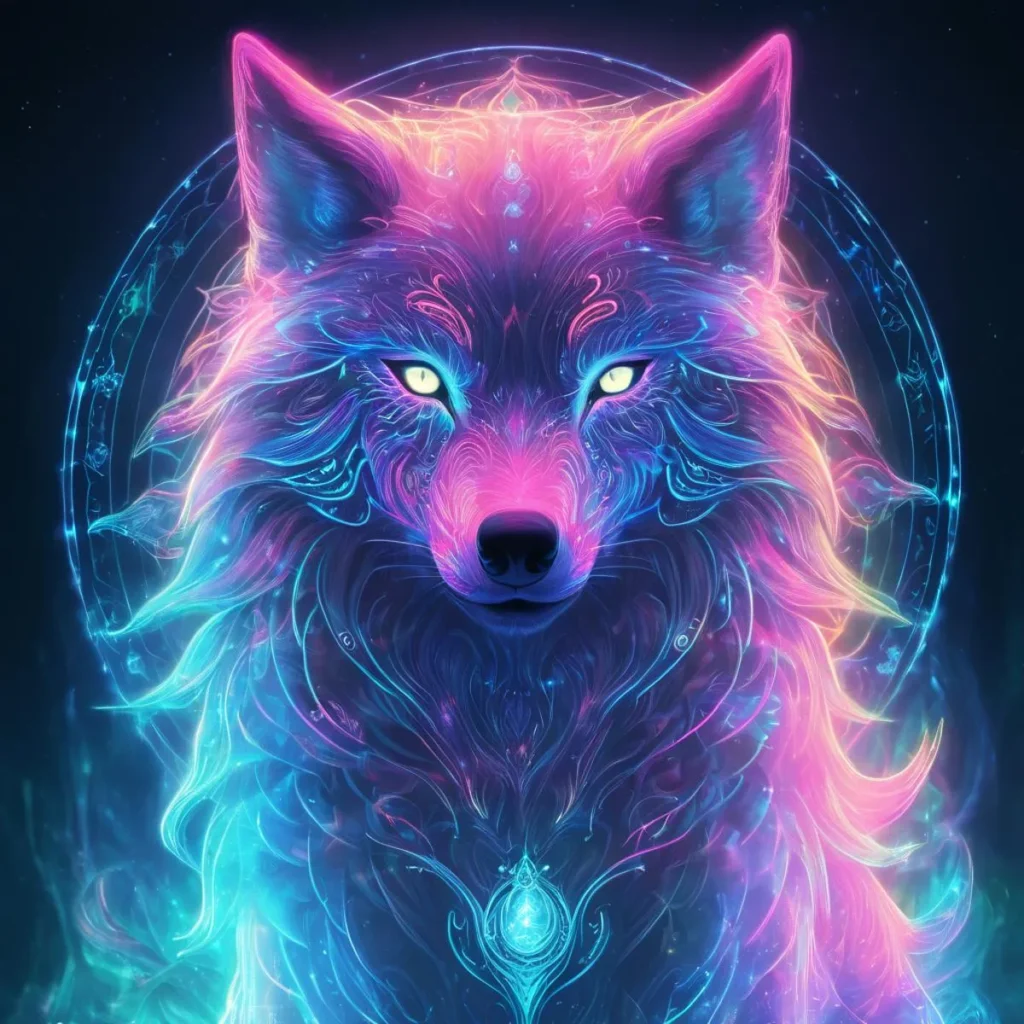 Neon-colored wolf with glowing eyes in a fantasy art style, created using stable diffusion.