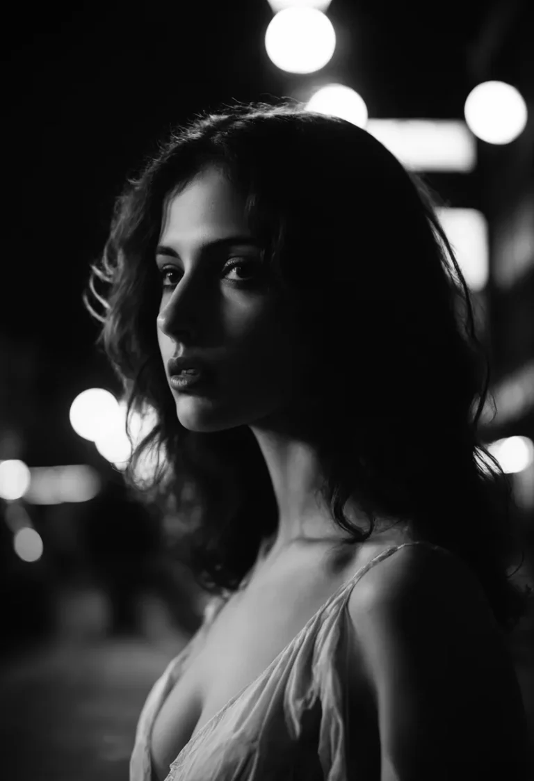 Black and white night portrait of a woman with curly hair and moody lighting, AI generated using Stable Diffusion.