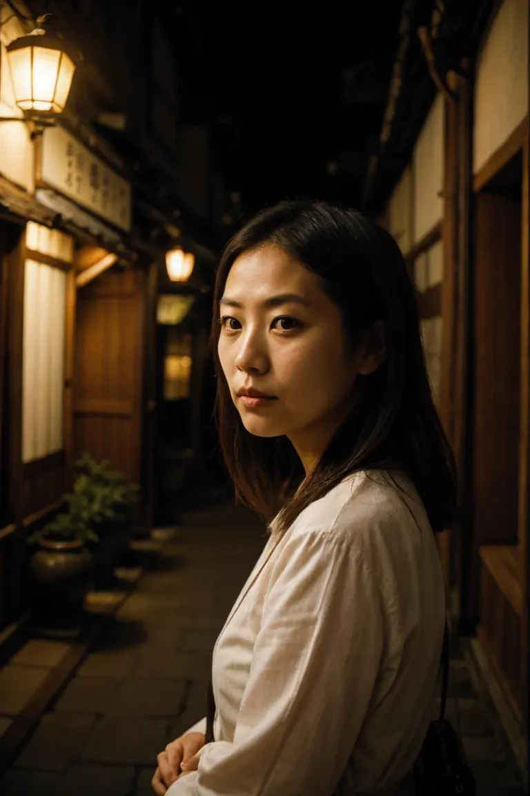 A woman stands on a dimly lit Japanese street at night, rendered by AI using stable diffusion. She wears a light-colored top and looks towards the camera with a calm expression. Traditional Japanese lanterns and wooden buildings create an atmospheric background.