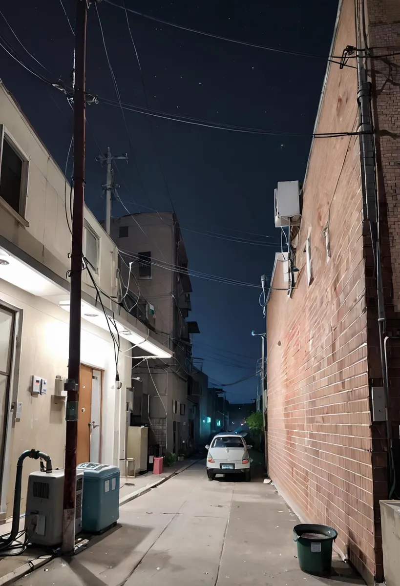 Urban backstreet alley at night with a starry sky, parked car, and visible electrical wiring. AI generated image using Stable Diffusion.