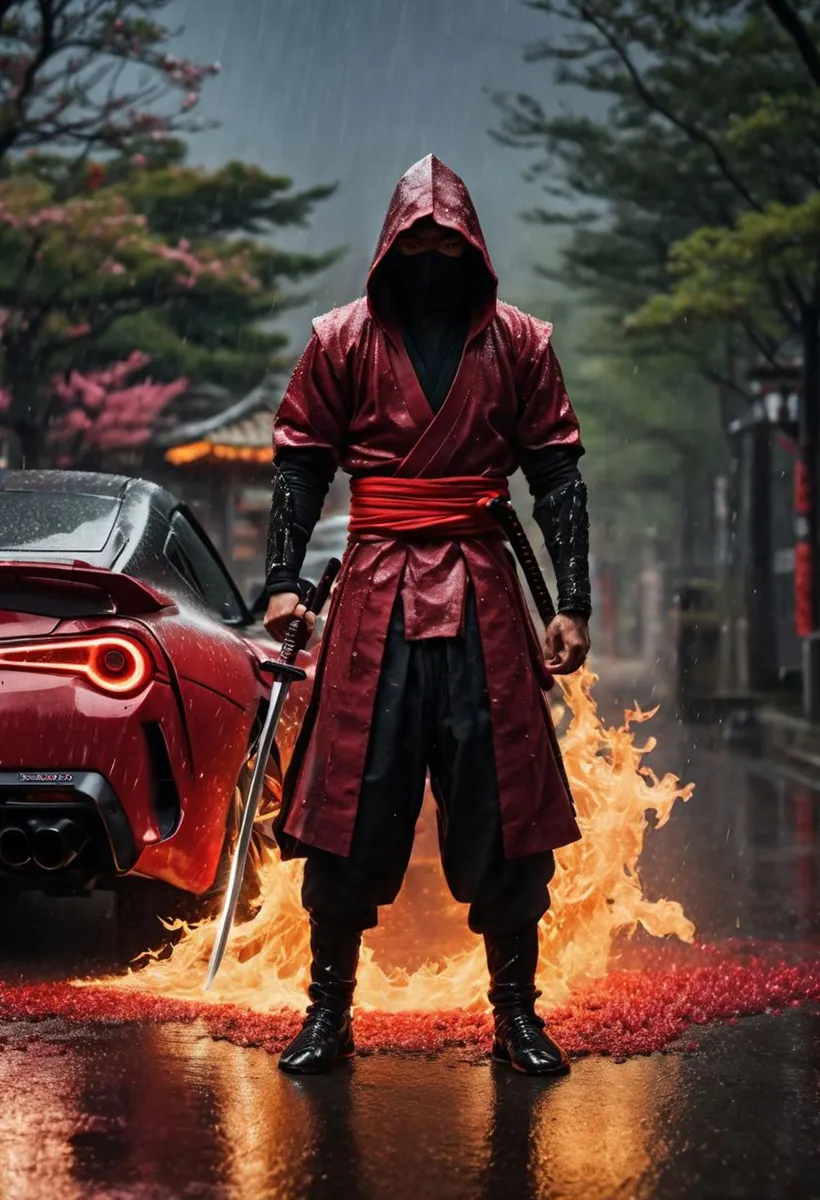A ninja samurai in a red robe stands in front of a futuristic red sports car with flames surrounding him, generated by AI using stable diffusion.
