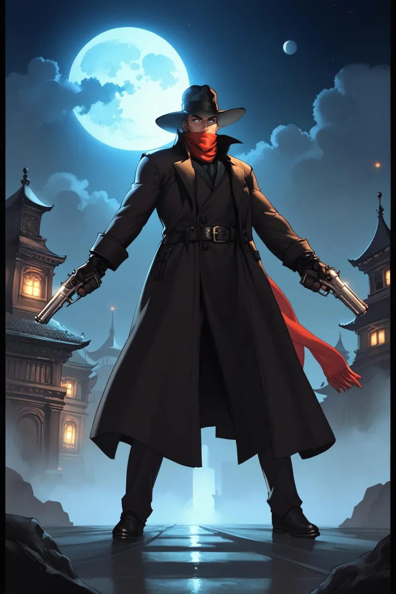 A noir detective in a dark trench coat with red scarf and hat stands under a full moon holding two revolvers, AI generated image using Stable Diffusion.