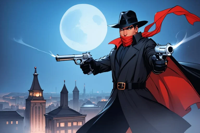 A noir detective vigilante portrayed in a comic book style, wearing a black trench coat and hat with a red scarf, holding two revolvers under a full moon. This is an AI-generated image using Stable Diffusion.