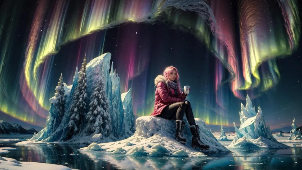 AI generated image using Stable Diffusion showing a pink-haired woman in a winter landscape with northern lights in the sky.