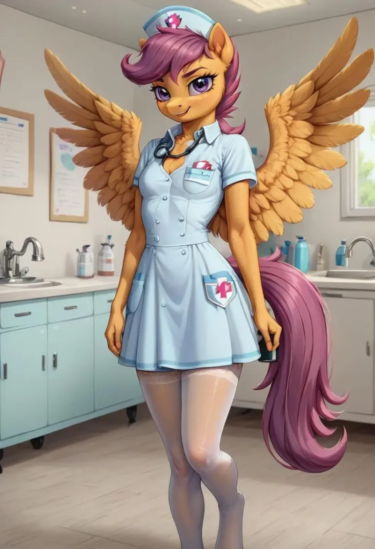 Anthropomorphic pony nurse with wings and pink hair in a hospital setting. AI generated image using Stable Diffusion.