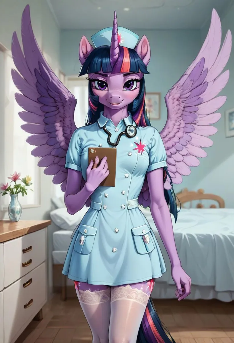 Anime style anthropomorphic purple unicorn dressed as a nurse with wings, stethoscope, and clipboard in a medical setting. Generated using Stable Diffusion AI.