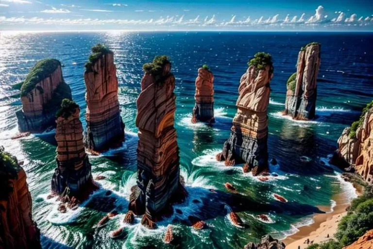 AI generated image using Stable Diffusion, showcasing tall rock formations emerging from the ocean with greenery on top, surrounded by swirling waters with a partly cloudy sky.