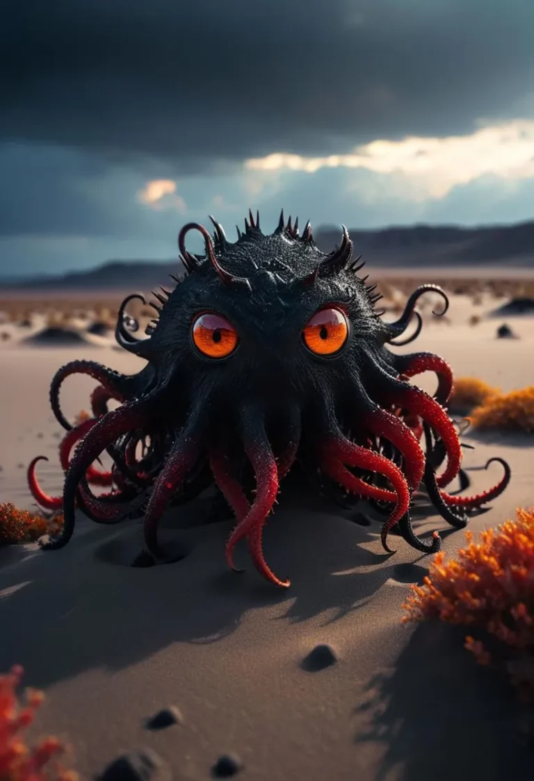 Dark octopus-like fantasy creature with bright orange eyes and tentacles in a desert setting, created using stable diffusion AI.