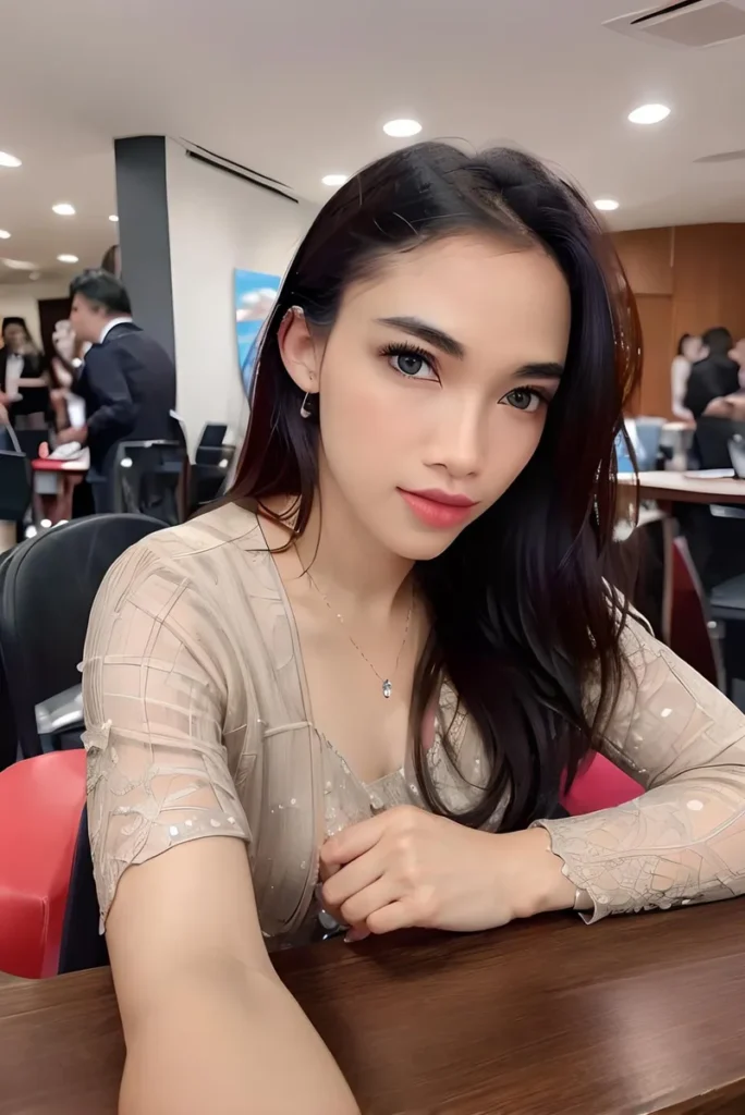 A beautiful woman takes a selfie in an office environment, AI generated image using stable diffusion.