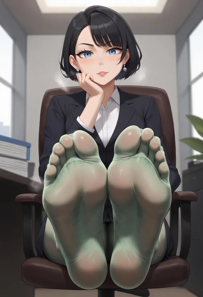 Anime office woman with short black hair and blue eyes relaxing at her desk barefoot, created using Stable Diffusion.