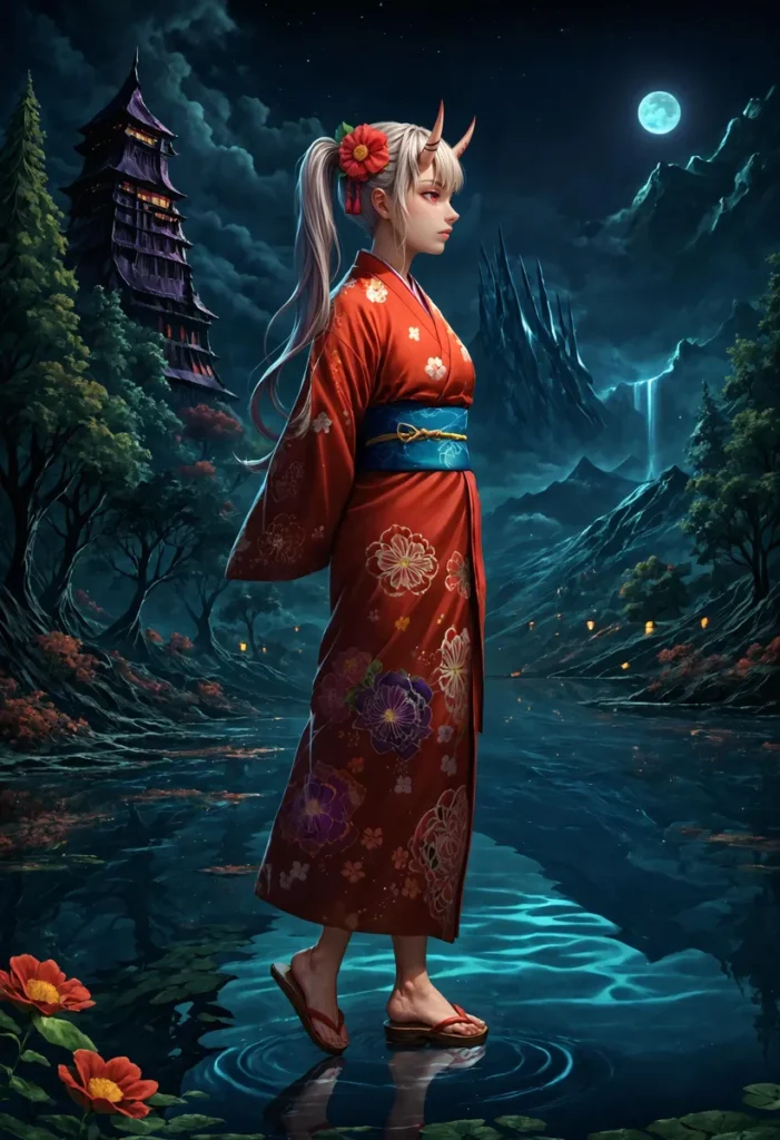 Ai generated image using stable diffusion depicting an oni girl with horns in a red kimono, standing by a serene lake under the moonlight, with a dark, lush forest and a pagoda in the background.