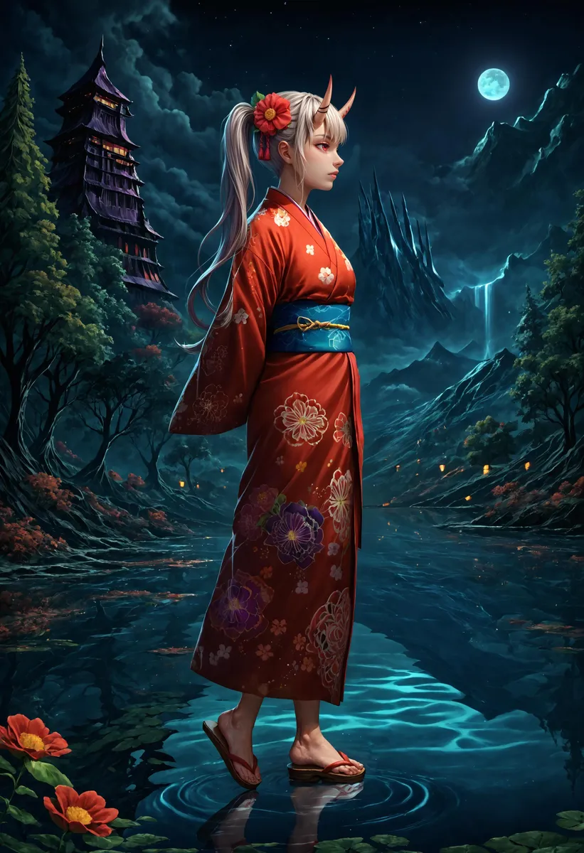 AI generated image using Stable Diffusion depicting an oni girl with horns in a red kimono, standing by a serene lake under the moonlight, with a dark, lush forest and a pagoda in the background.