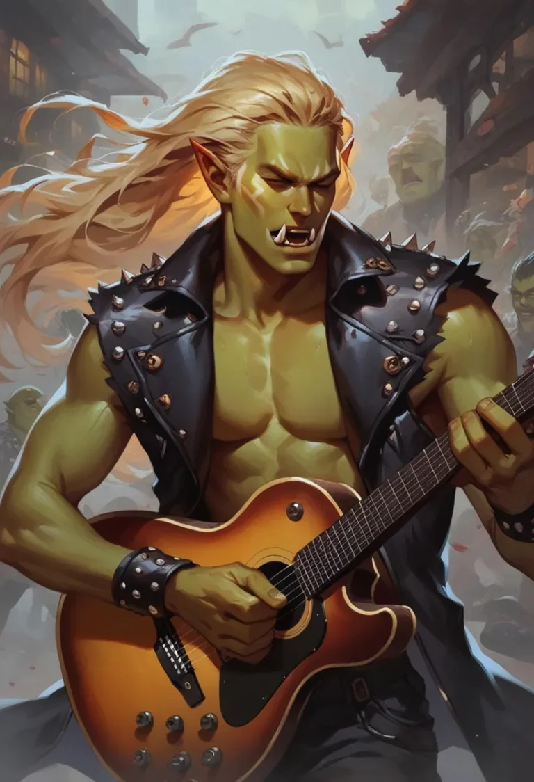AI-generated image of an orc musician with blonde hair playing a rock guitar, created using Stable Diffusion.