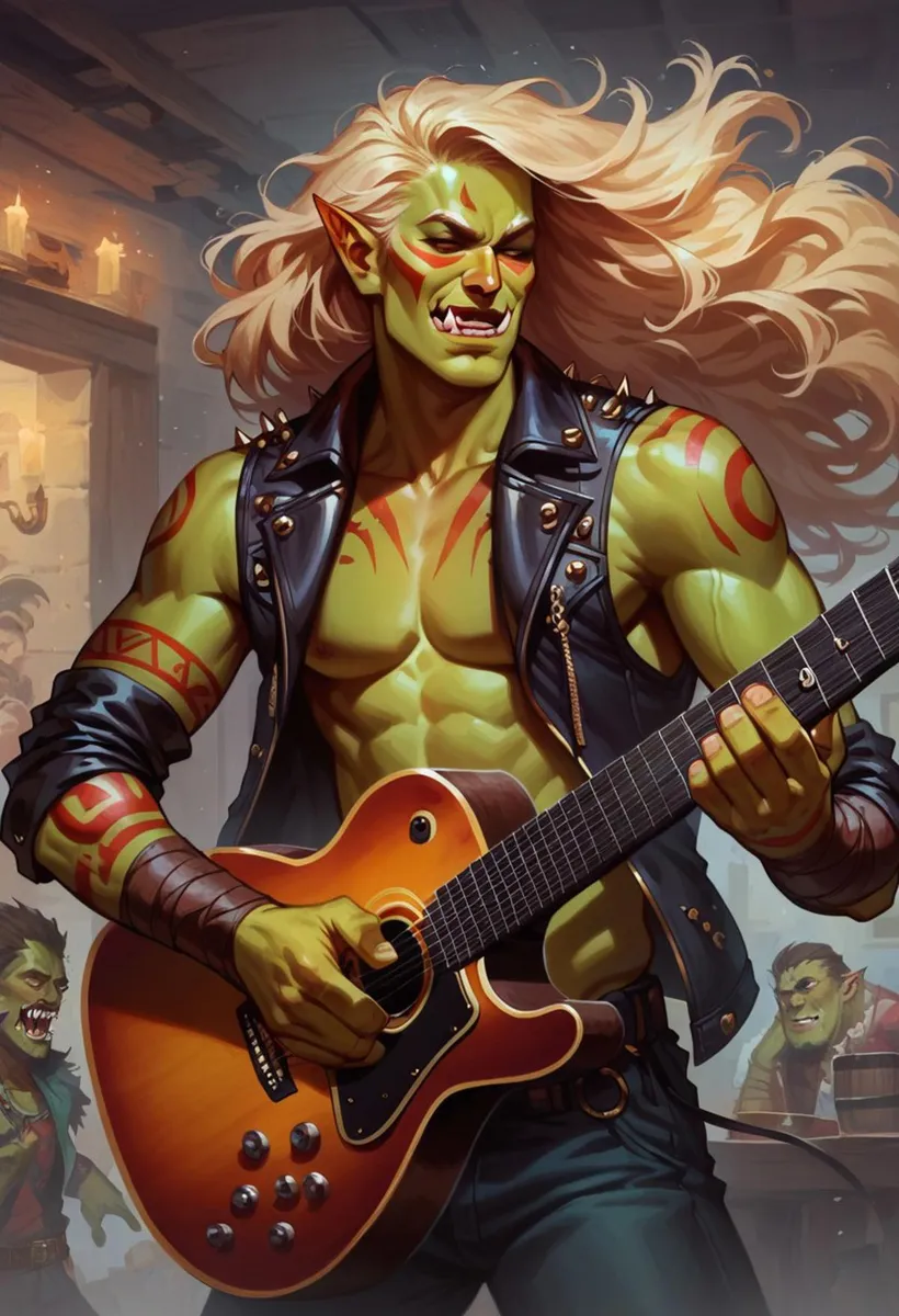 AI-generated orc guitarist with long blonde hair, dressed in a black leather jacket with studs, playing an orange electric guitar in a fantasy setting. The image is created using Stable Diffusion