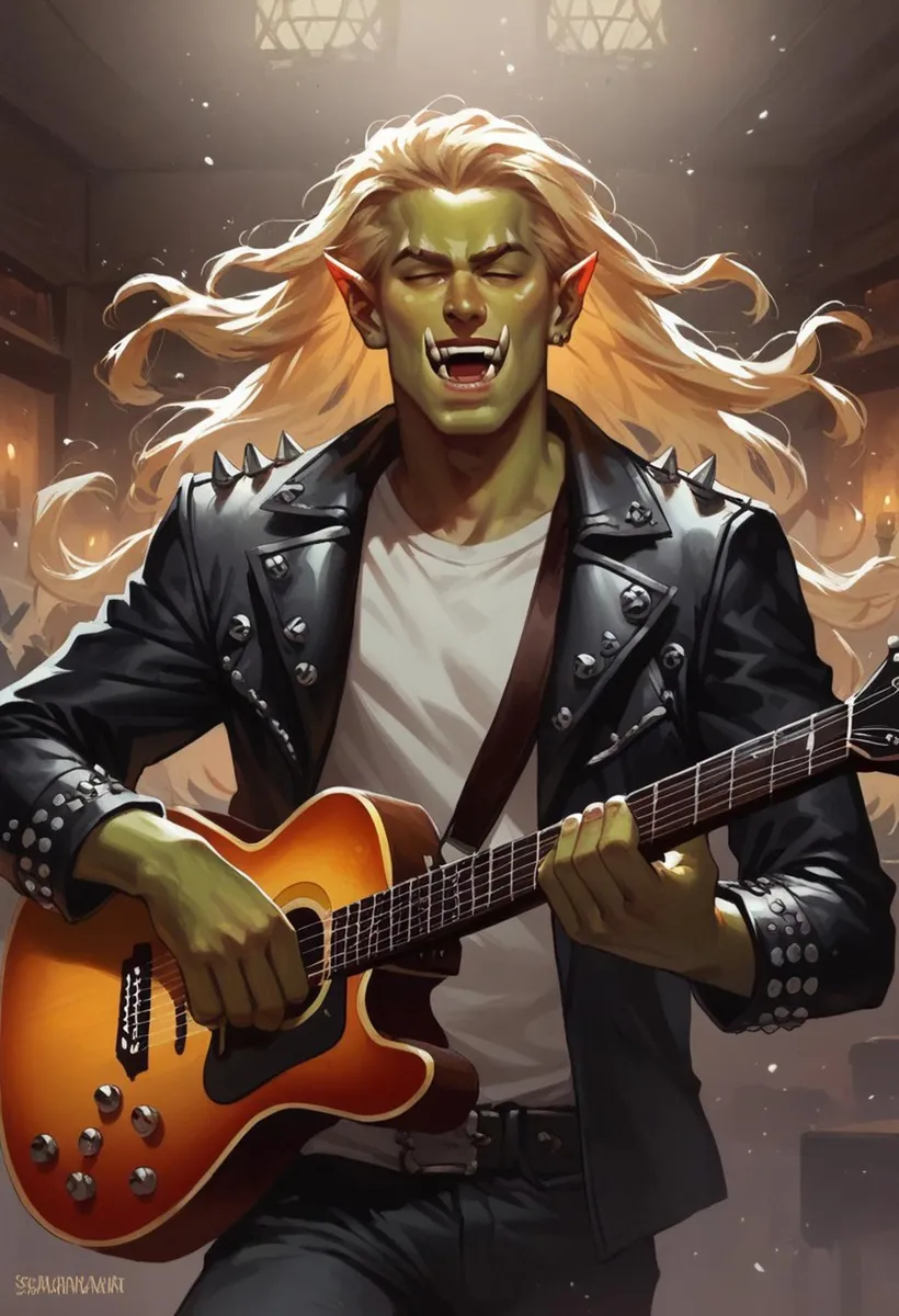 A green-skinned orc with long blonde hair and sharp teeth, wearing a spiked leather jacket, passionately playing an acoustic guitar in a dimly lit room. AI generated image using Stable Diffusion.