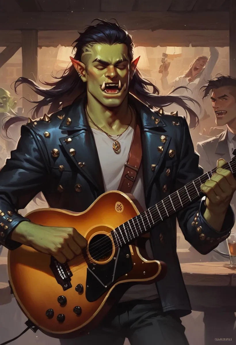 An AI generated image by Stable Diffusion depicting a green-skinned orc musician passionately playing an acoustic guitar at a lively rock concert, wearing a black leather jacket studded with metal spikes and a silver necklace.