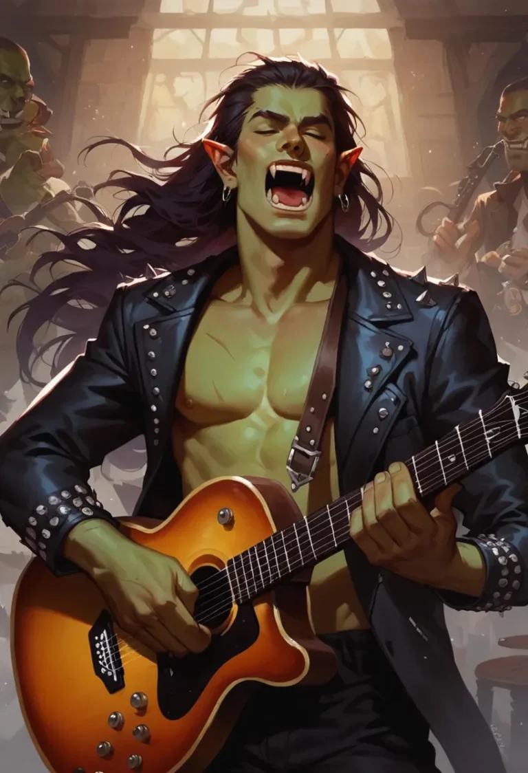 An AI generated image using stable diffusion of a green-skinned orc rockstar playing an orange electric guitar, wearing a studded leather jacket.
