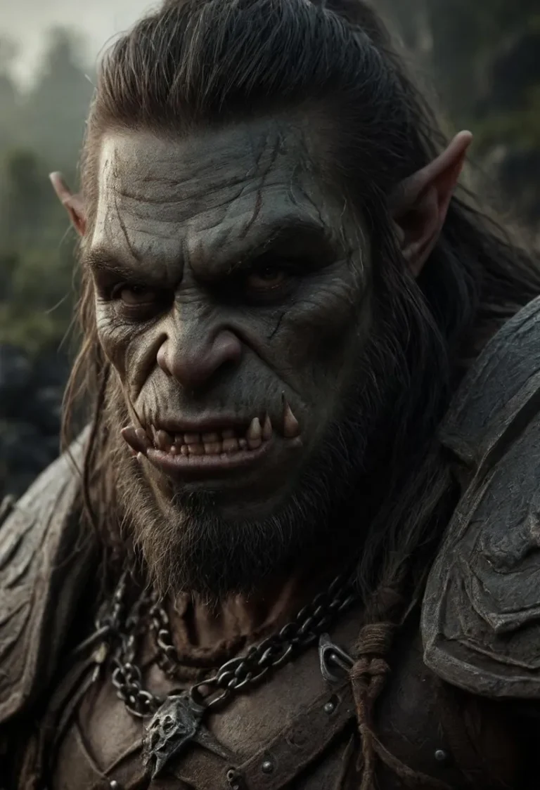 Detailed portrait of an orc warrior with rugged features, created using Stable Diffusion AI.