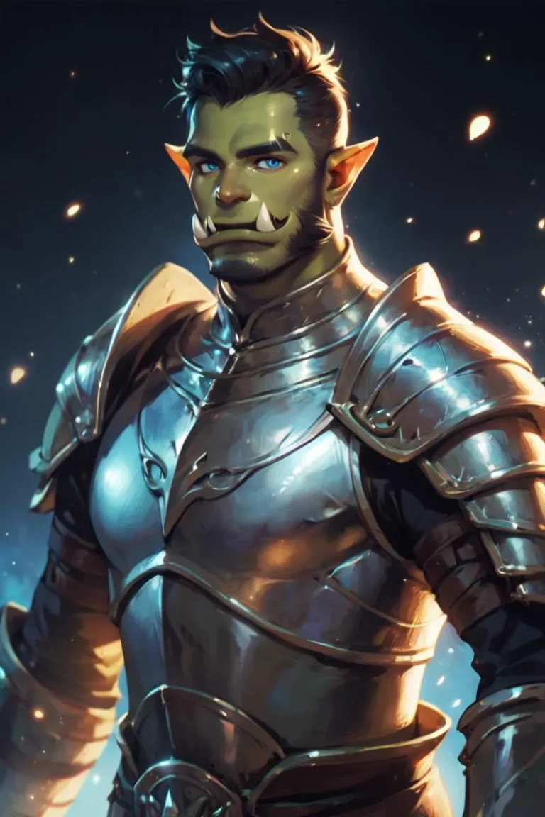 A digitally created image using Stable Diffusion of a fantasy orc warrior with green skin, blue eyes, wearing metallic armor.