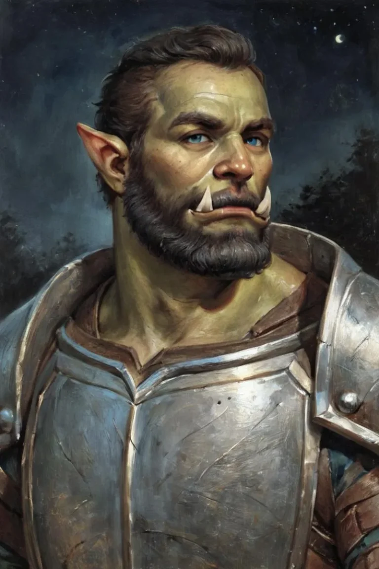 A detailed portrait of an orc warrior in armor, AI generated using Stable Diffusion.