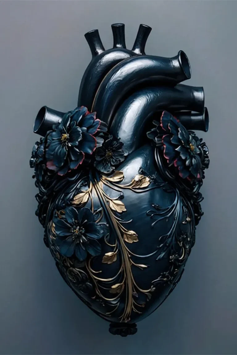Detailed AI-generated image of an ornate black heart with intricate floral designs, created using Stable Diffusion.