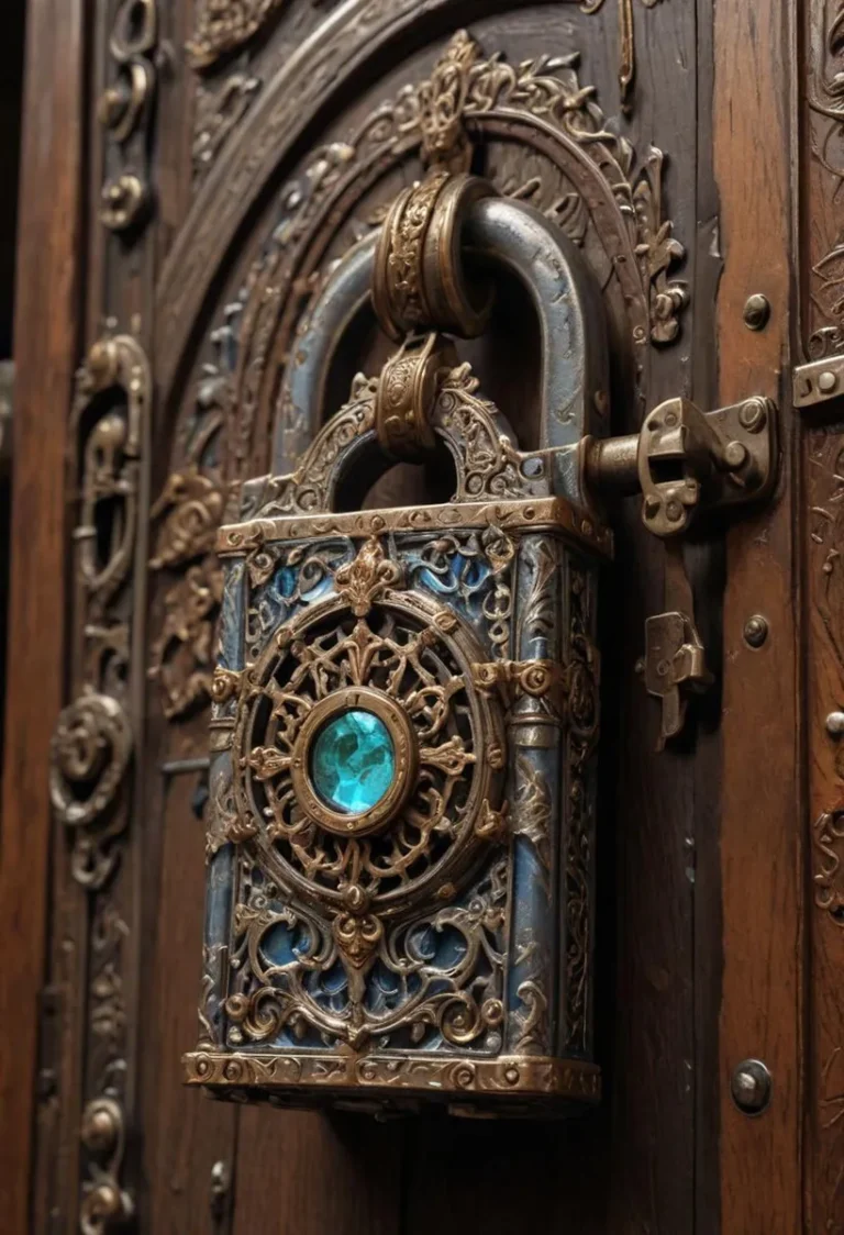 An AI-generated image using Stable Diffusion showcasing an ornate decorative antique padlock attached to an intricate wooden door