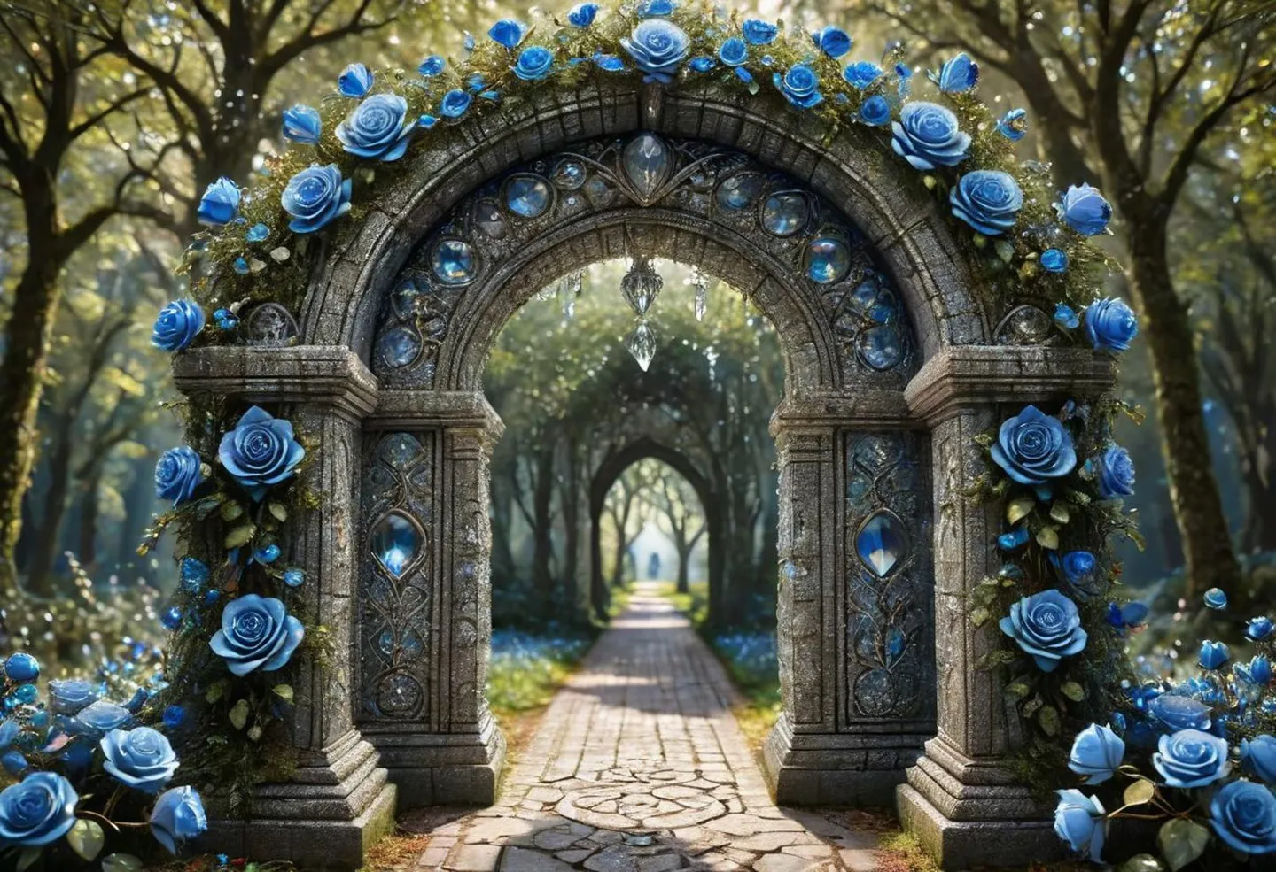 An AI generated image using Stable Diffusion of an ornate stone archway adorned with vivid blue roses in a lush, green forest.