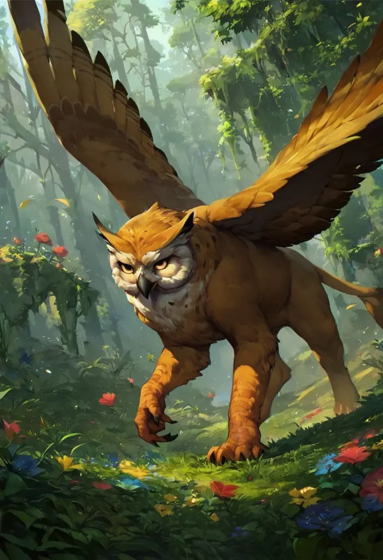 AI generated image of an owl griffin with large wings and sharp claws walking through a lush fantasy forest created using stable diffusion.