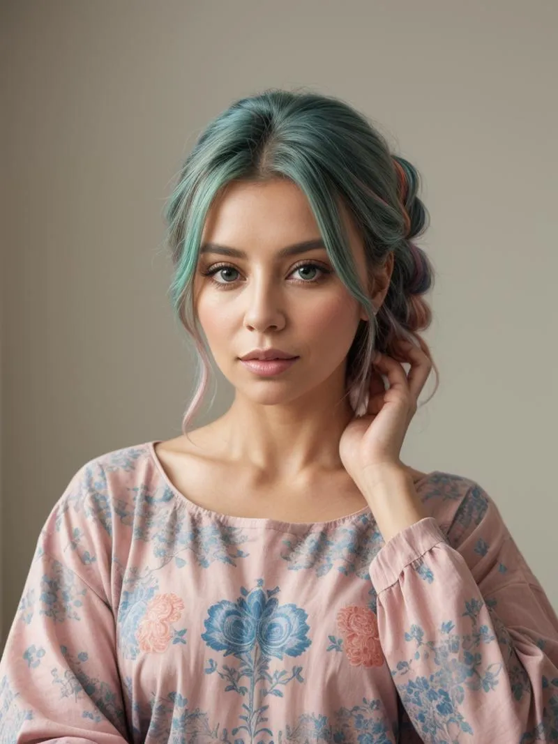 A detailed portrait of a woman with pastel-colored hair in soft waves, wearing a pink floral top. AI image created using Stable Diffusion.