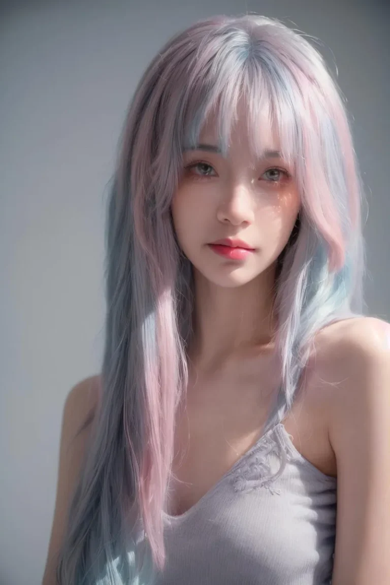 A young woman with long pastel-colored hair, in shades of pink and blue. AI generated image using Stable Diffusion.