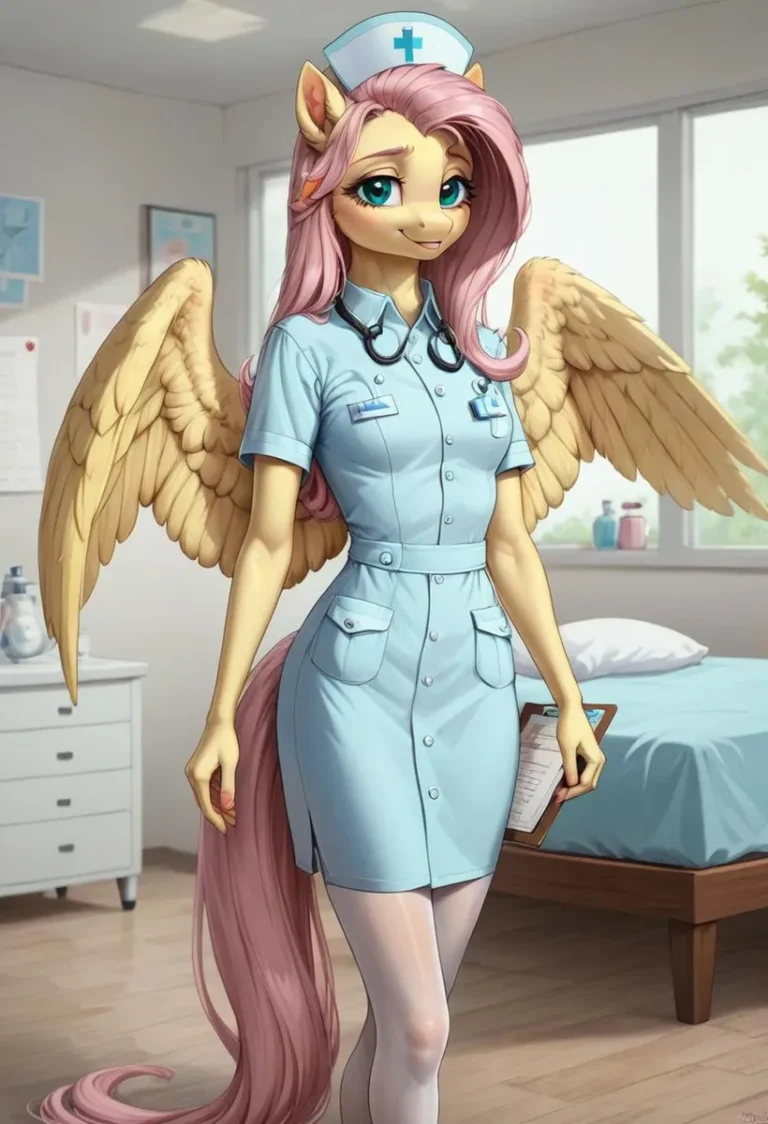 An anthropomorphic pegasus pony nurse with golden wings, pink hair, and a nurse uniform. This AI-generated image using Stable Diffusion shows the nurse in a hospital room setting, holding a clipboard.